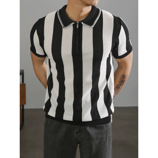 LUUD half-zip lapel polo shirt short-sleeved men's retro hollow knit sweater high-end trendy polo shirt