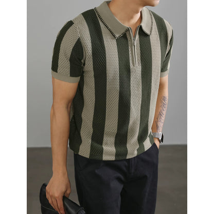 LUUD half-zip lapel polo shirt short-sleeved men's retro hollow knit sweater high-end trendy polo shirt
