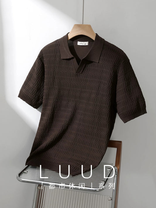 LUUD jacquard texture knitted polo shirt men's summer casual versatile short-sleeved T-shirt light mature style slim fit shirt