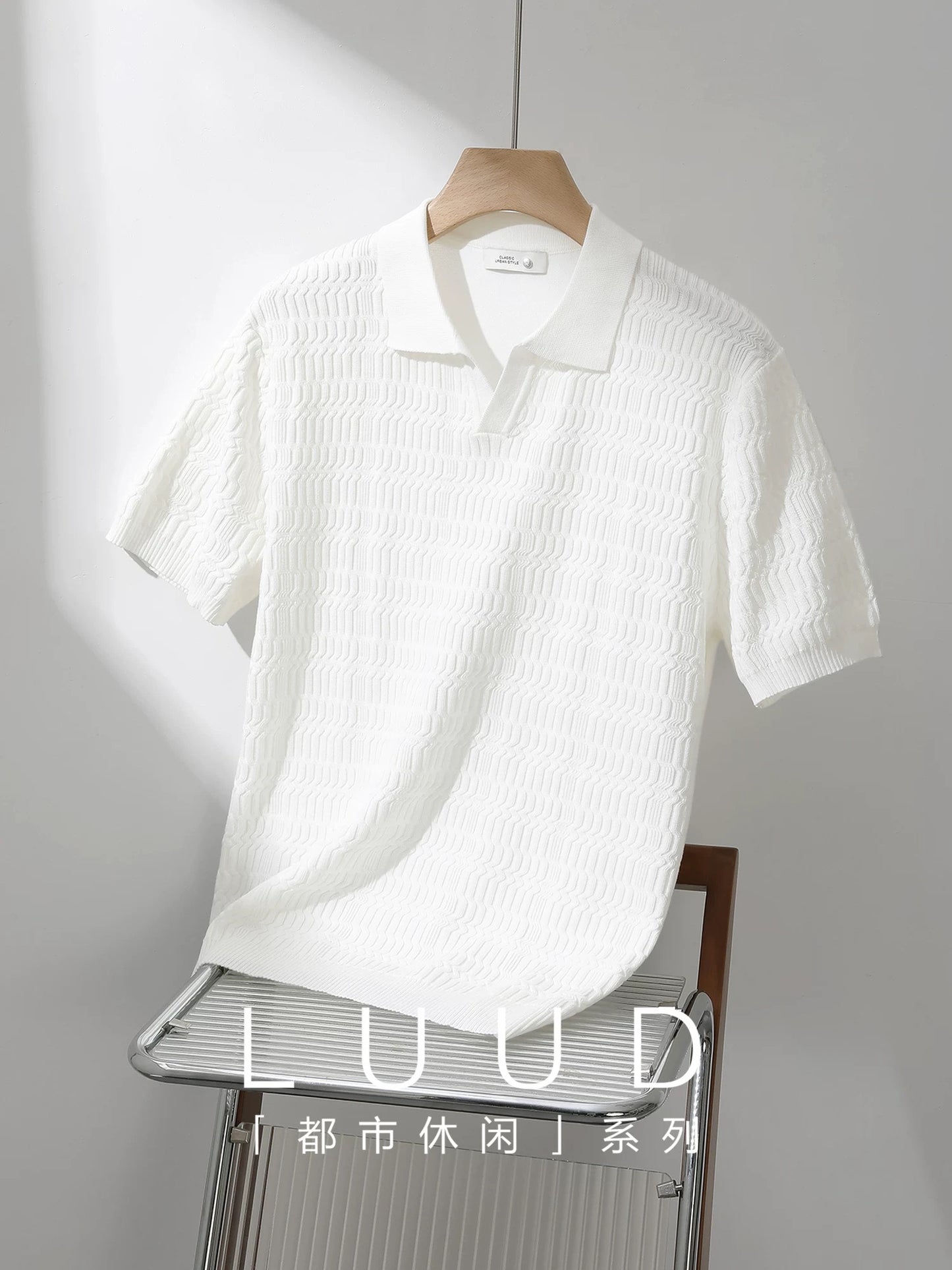 LUUD jacquard texture knitted polo shirt men's summer casual versatile short-sleeved T-shirt light mature style slim fit shirt