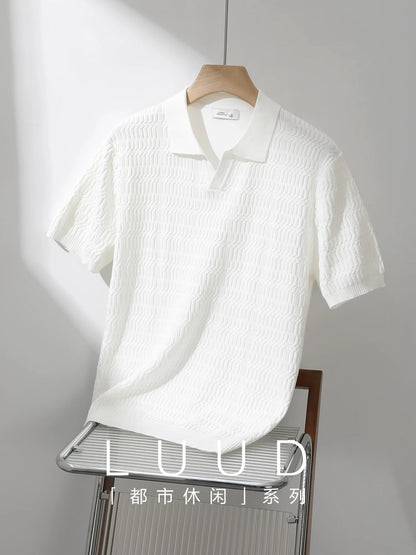 LUUD jacquard texture knitted polo shirt men's summer casual versatile short-sleeved T-shirt light mature style slim fit shirt