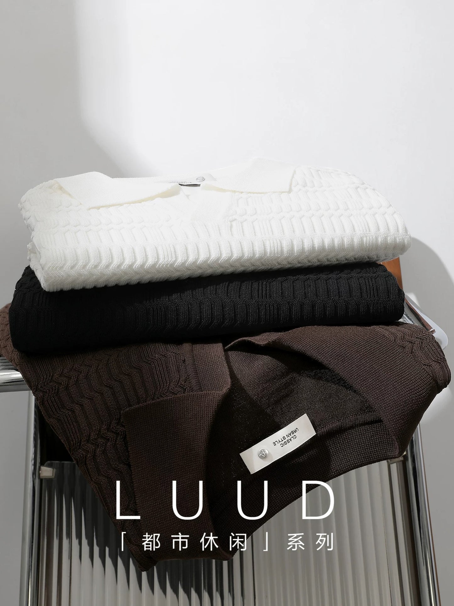 LUUD jacquard texture knitted polo shirt men's summer casual versatile short-sleeved T-shirt light mature style slim fit shirt