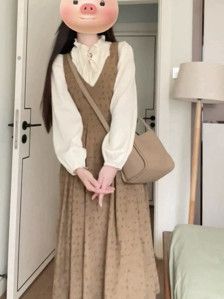 French-style vintage floral dress for women, spring and autumn 2025, elegant and slimming, two-piece set with inner vest and long dress.