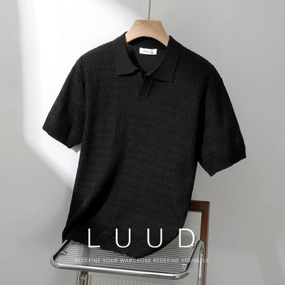 LUUD jacquard texture knitted polo shirt men's summer casual versatile short-sleeved T-shirt light mature style slim fit shirt