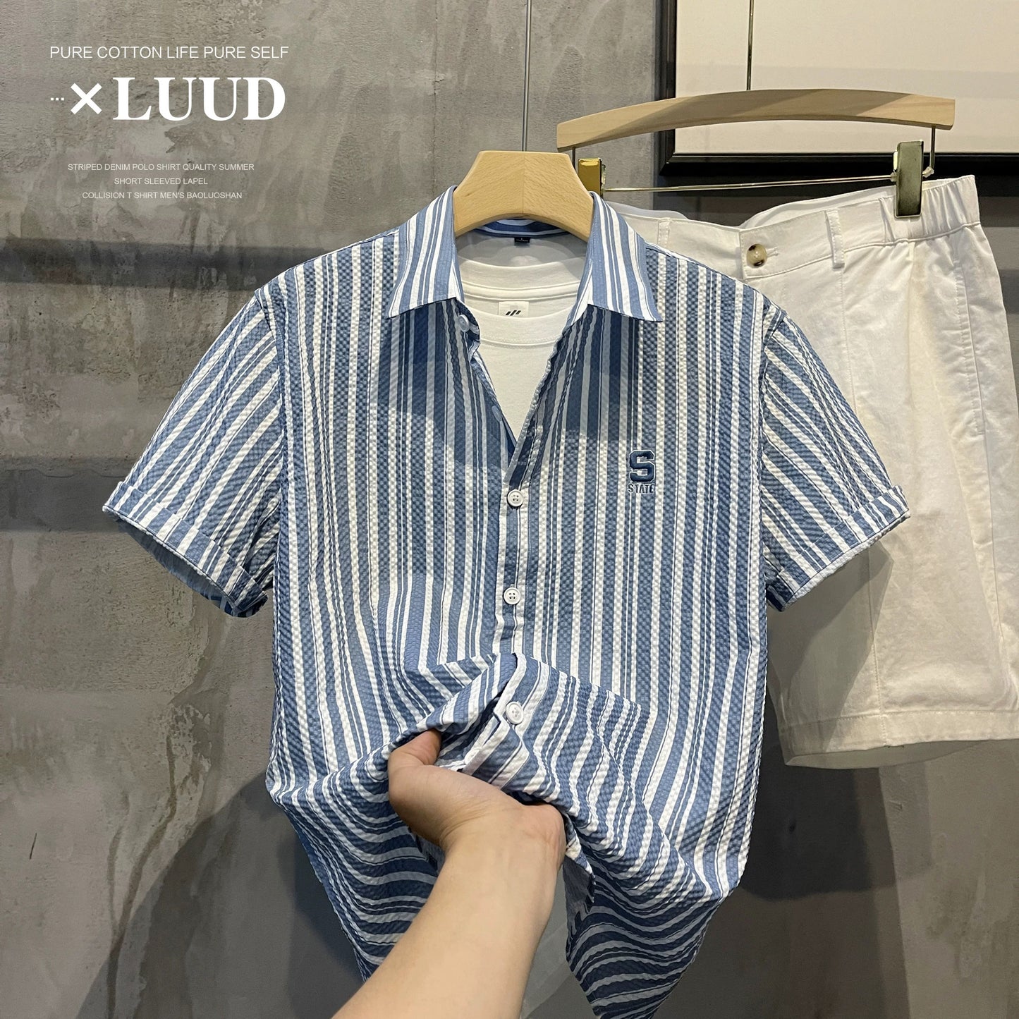 LUUD boys' fresh blue striped short-sleeved shirt new bubble cloth texture breathable lapel inch summer