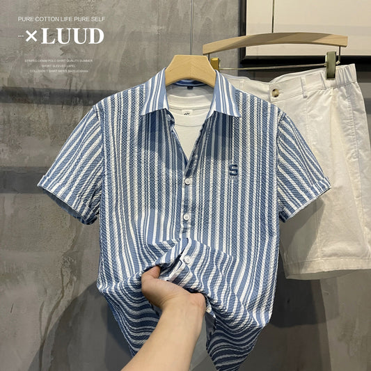 LUUD boys' fresh blue striped short-sleeved shirt new bubble cloth texture breathable lapel inch summer