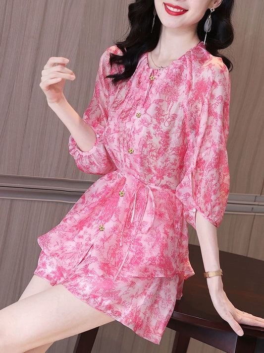 Summer women's cute, sweet and fashionable puff sleeves and buckle printed chiffon top and shorts set two-piece set