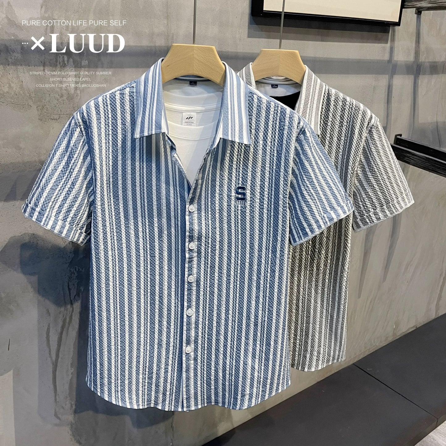 LUUD boys' fresh blue striped short-sleeved shirt new bubble cloth texture breathable lapel inch summer