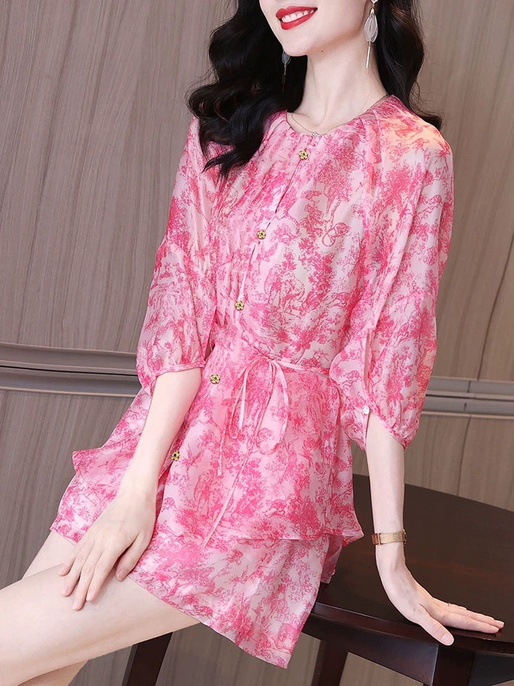 Summer women's cute, sweet and fashionable puff sleeves and buckle printed chiffon top and shorts set two-piece set