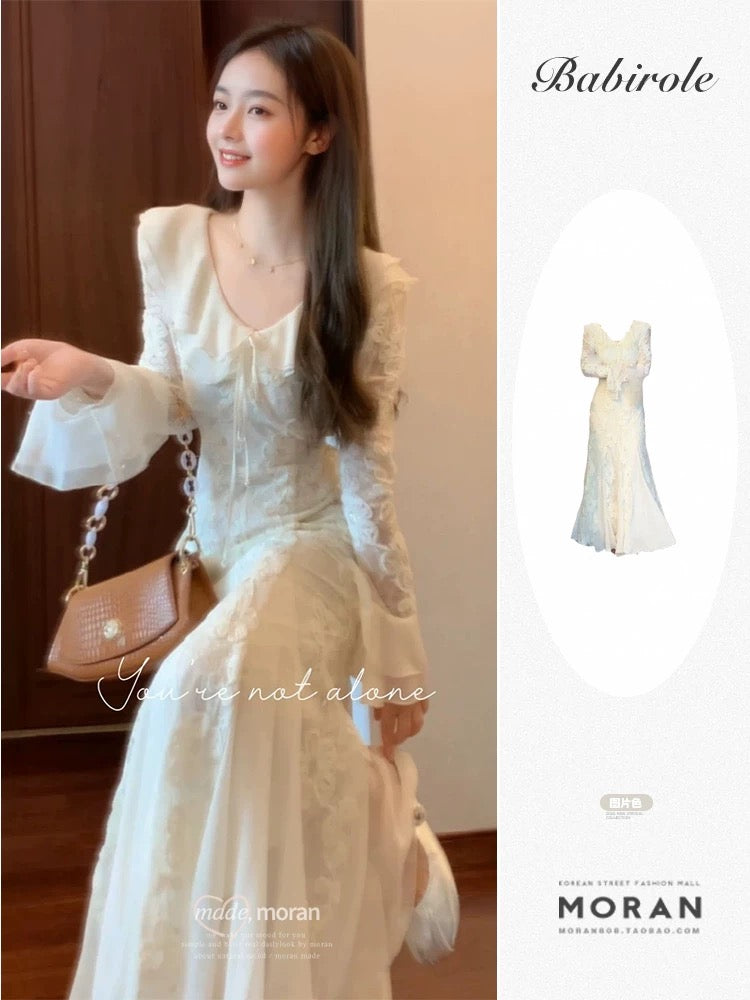 French-style tea break elegant V-neck lace white long-sleeved dress for autumn, chic and fitted fishtail maxi skirt