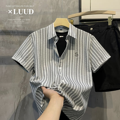 LUUD boys' fresh blue striped short-sleeved shirt new bubble cloth texture breathable lapel inch summer