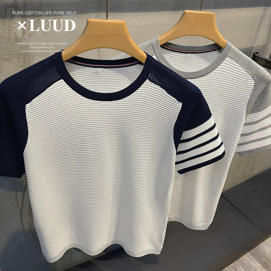 LUUD Ice Silk Cotton and Linen Contrast Color T-shirt Men's Classic Four-Bar Jacquard Short Sleeve Slim Fit Raglan Sleeve Breathable Knit Sweater