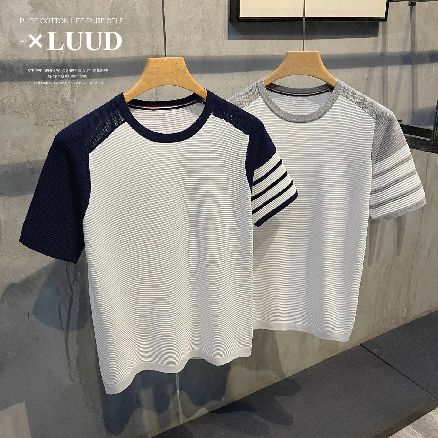 LUUD Ice Silk Cotton and Linen Contrast Color T-shirt Men's Classic Four-Bar Jacquard Short Sleeve Slim Fit Raglan Sleeve Breathable Knit Sweater