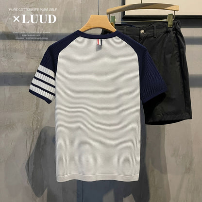 LUUD Ice Silk Cotton and Linen Contrast Color T-shirt Men's Classic Four-Bar Jacquard Short Sleeve Slim Fit Raglan Sleeve Breathable Knit Sweater