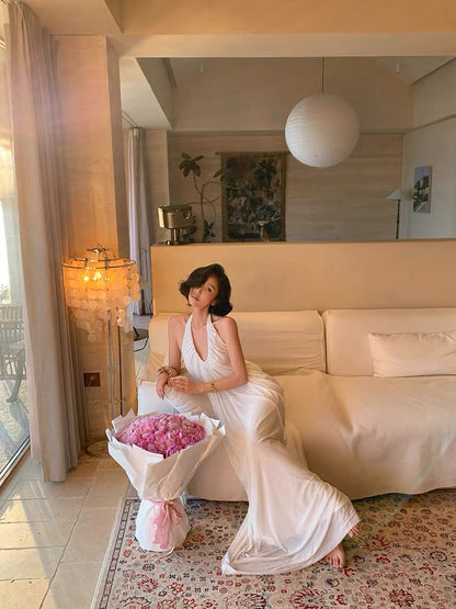 Island Shop New Arrivals at 00:00 PM on May 6th: 95% Off - Elegant White Halter Neck V-Neck Maxi Dress