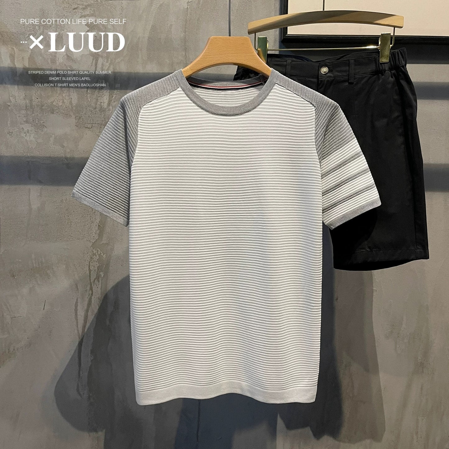 LUUD Ice Silk Cotton and Linen Contrast Color T-shirt Men's Classic Four-Bar Jacquard Short Sleeve Slim Fit Raglan Sleeve Breathable Knit Sweater