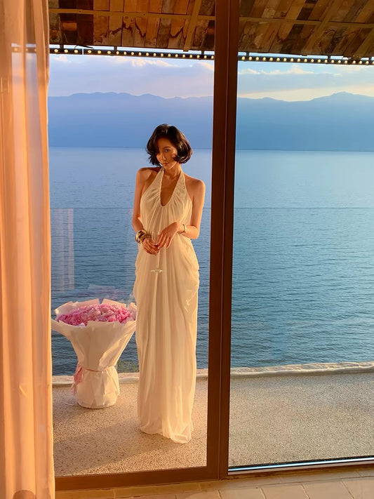 Island Shop New Arrivals at 00:00 PM on May 6th: 95% Off - Elegant White Halter Neck V-Neck Maxi Dress