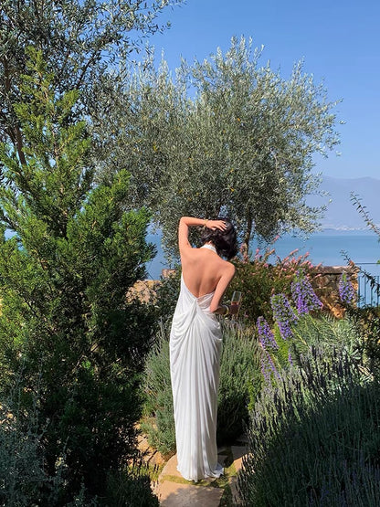 Island Shop New Arrivals at 00:00 PM on May 6th: 95% Off - Elegant White Halter Neck V-Neck Maxi Dress