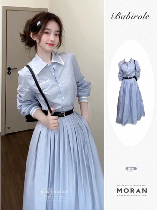 French-style blue striped shirt and dress two-piece set, perfect for early autumn.