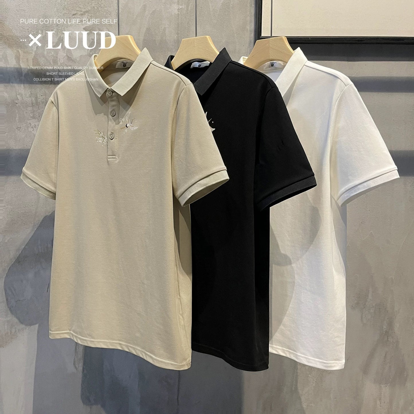 LUUD small Japanese trendy printed short-sleeved lapel POLO shirt retro slim-fit versatile men's T-shirt top summer