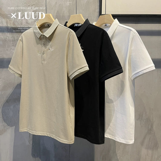 LUUD small Japanese trendy printed short-sleeved lapel POLO shirt retro slim-fit versatile men's T-shirt top summer