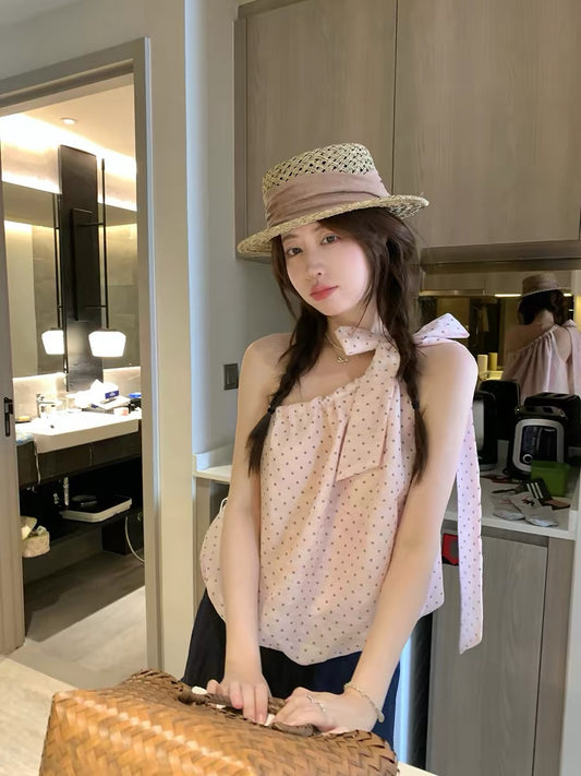 PtonUmi Polka Overture Pink Polka Dot Sleeveless Off-Shoulder Slimming Summer Beach Outfit
