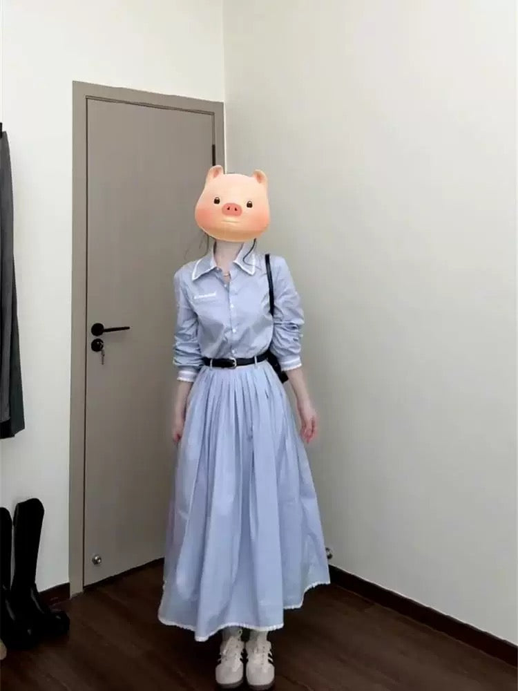 French-style blue striped shirt and dress two-piece set, perfect for early autumn.
