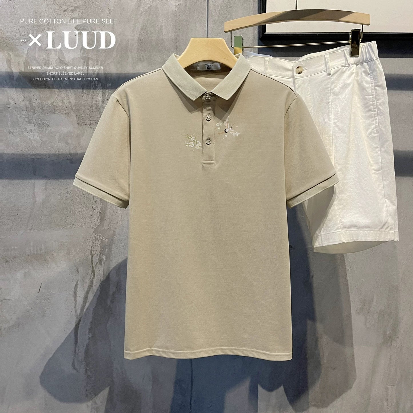 LUUD small Japanese trendy printed short-sleeved lapel POLO shirt retro slim-fit versatile men's T-shirt top summer