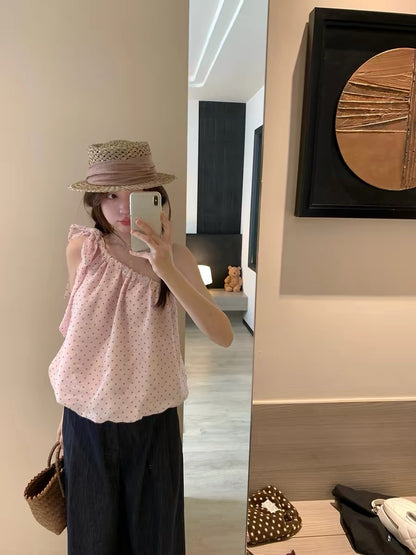 PtonUmi Polka Overture Pink Polka Dot Sleeveless Off-Shoulder Slimming Summer Beach Outfit