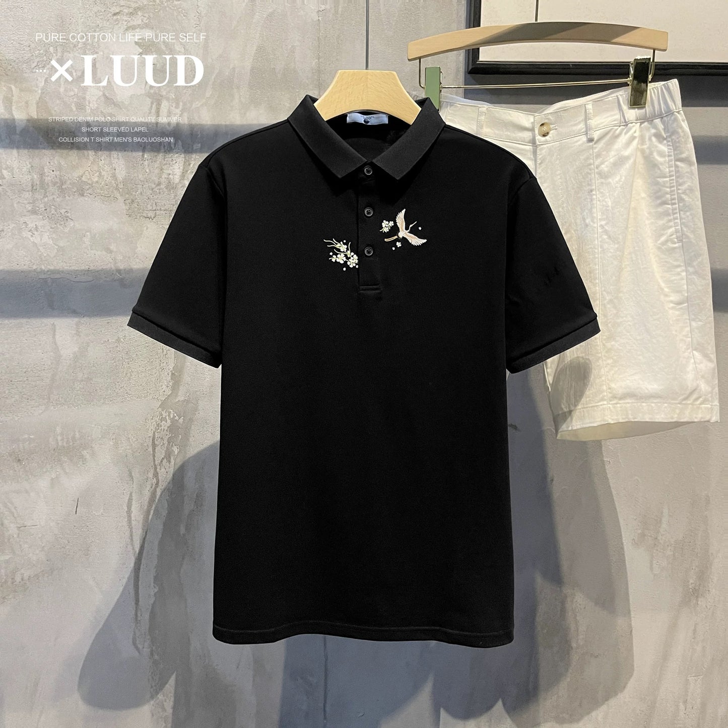 LUUD small Japanese trendy printed short-sleeved lapel POLO shirt retro slim-fit versatile men's T-shirt top summer