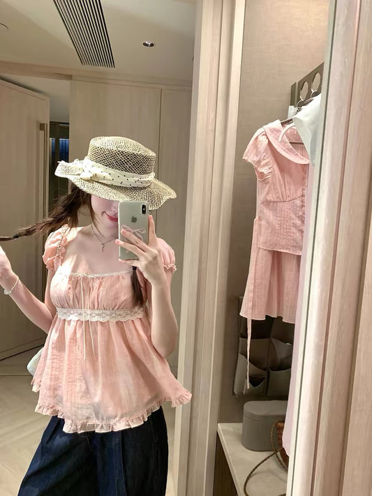 PtonUmi Orange Summer Liquor - Sweet and Pretty Summer Korean Style Puff Sleeve Tencel Shirt