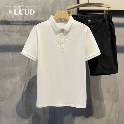 LUUD small Japanese trendy printed short-sleeved lapel POLO shirt retro slim-fit versatile men's T-shirt top summer