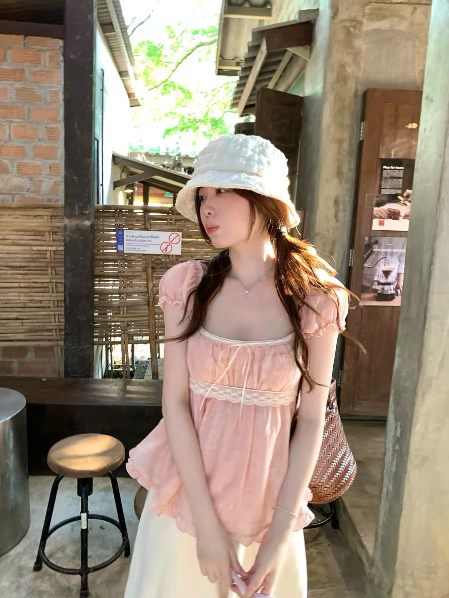 PtonUmi Orange Summer Liquor - Sweet and Pretty Summer Korean Style Puff Sleeve Tencel Shirt