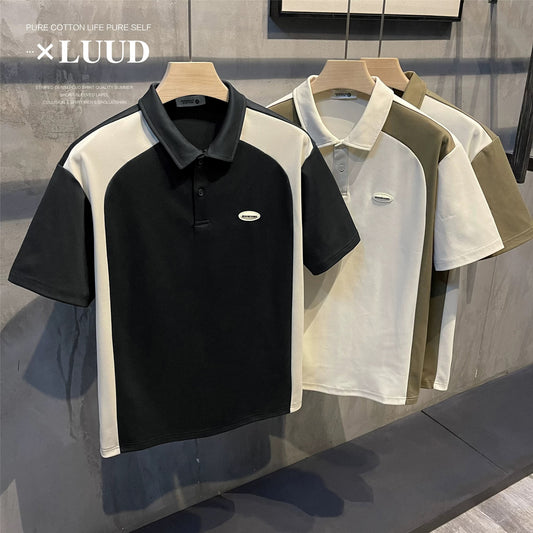 LUUD men's summer cool fabric short-sleeved polo shirt retro trendy brand color matching lapel slightly wide polo T-shirt