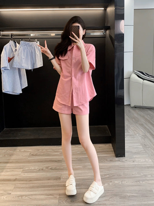 College style shirt shorts casual suit for women 2024 new style Xia Ke salt can sweet fried street salt series light mature three-piece set