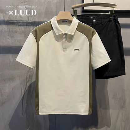 LUUD men's summer cool fabric short-sleeved polo shirt retro trendy brand color matching lapel slightly wide polo T-shirt
