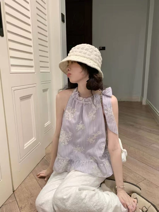 [60% Off Clearance] PtonUmi Island Purple Mist Purple Tie-Waist Off-Shoulder Top for Women, Summer Halter Neck Top