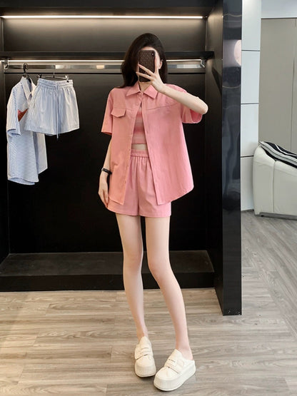 College style shirt shorts casual suit for women 2024 new style Xia Ke salt can sweet fried street salt series light mature three-piece set
