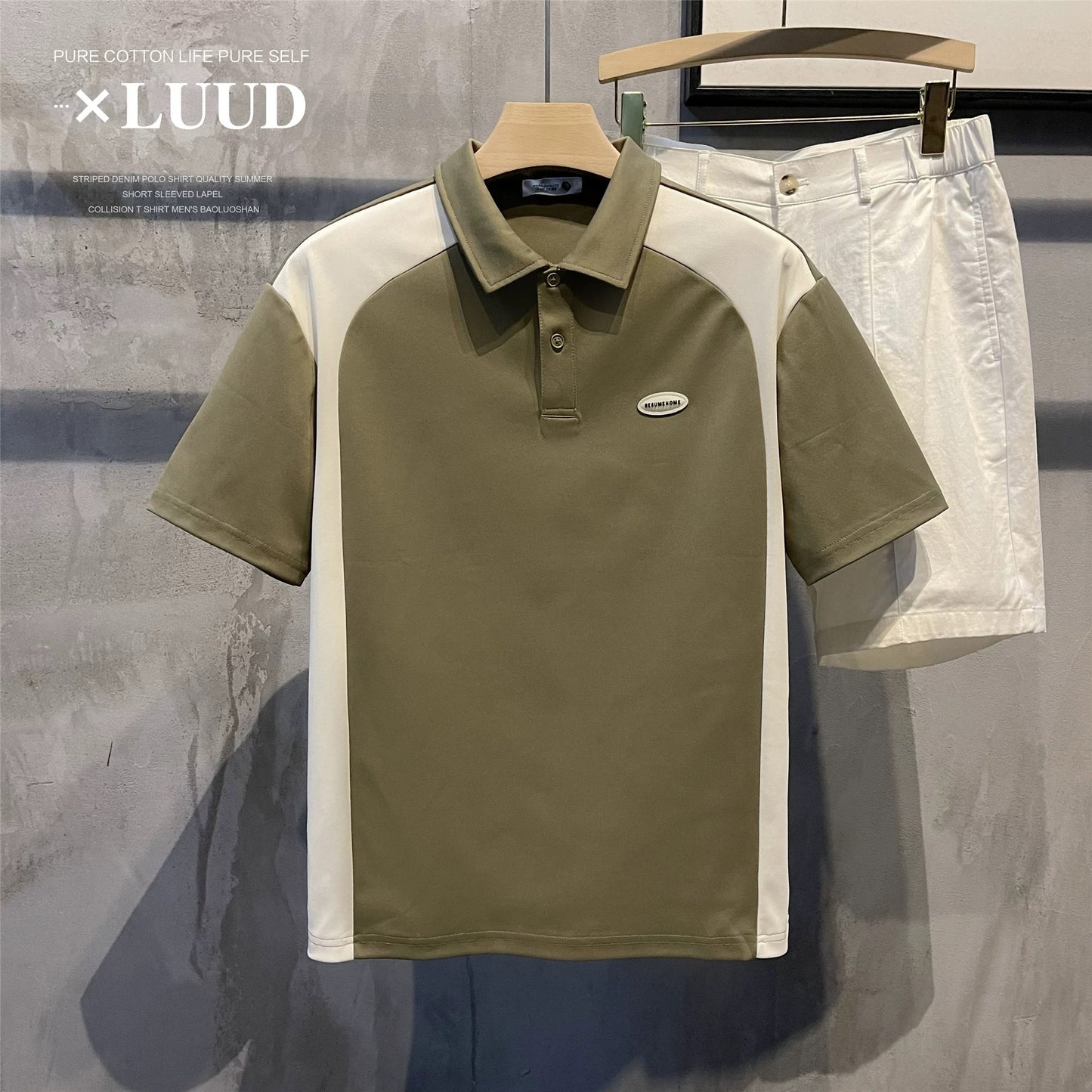 LUUD men's summer cool fabric short-sleeved polo shirt retro trendy brand color matching lapel slightly wide polo T-shirt