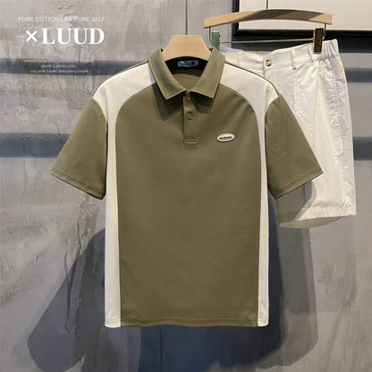 LUUD men's summer cool fabric short-sleeved polo shirt retro trendy brand color matching lapel slightly wide polo T-shirt