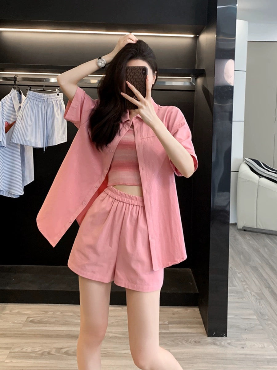 College style shirt shorts casual suit for women 2024 new style Xia Ke salt can sweet fried street salt series light mature three-piece set