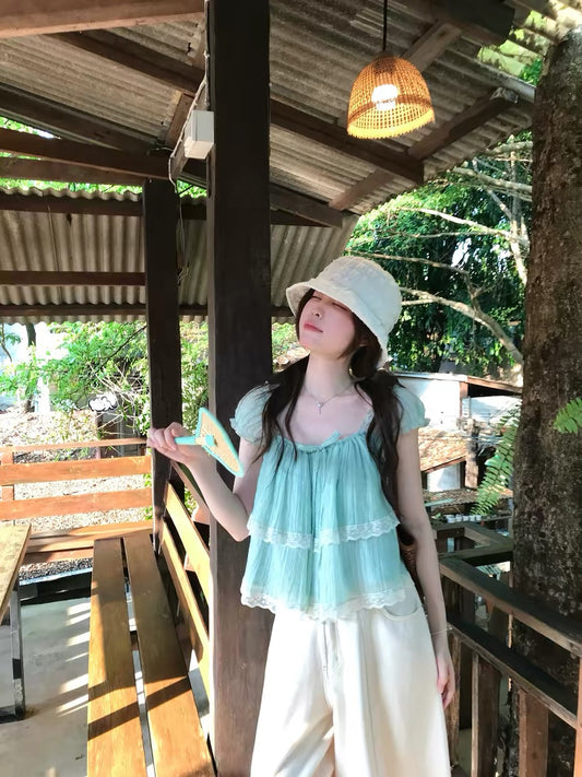 PtonUmi Southern France Prologue: Lyocell Lace-up Ruffled Shirt for Women, Loose Fit, Slimming Babydoll Top