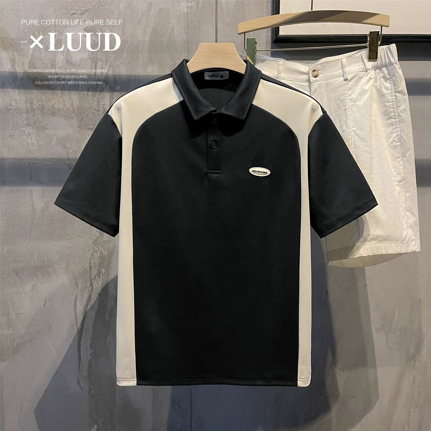 LUUD men's summer cool fabric short-sleeved polo shirt retro trendy brand color matching lapel slightly wide polo T-shirt