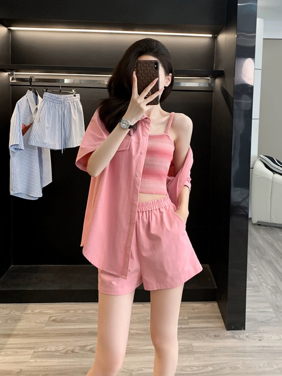 College style shirt shorts casual suit for women 2024 new style Xia Ke salt can sweet fried street salt series light mature three-piece set