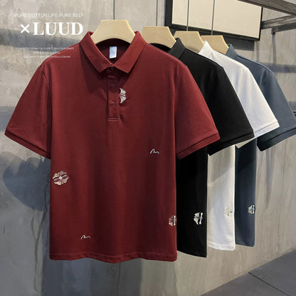 LUUD New Chinese style petal embroidery lapel POLO shirt men's literary style short-sleeved temperament slim fit Polo shirt top