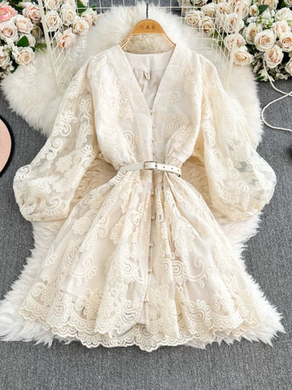 French sweet court style V-neck lantern sleeve heavy embroidery waist-cinching slimming single-breasted A-line elegant dress
