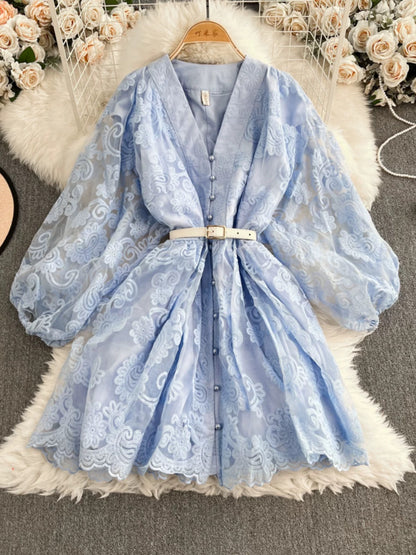 French sweet court style V-neck lantern sleeve heavy embroidery waist-cinching slimming single-breasted A-line elegant dress