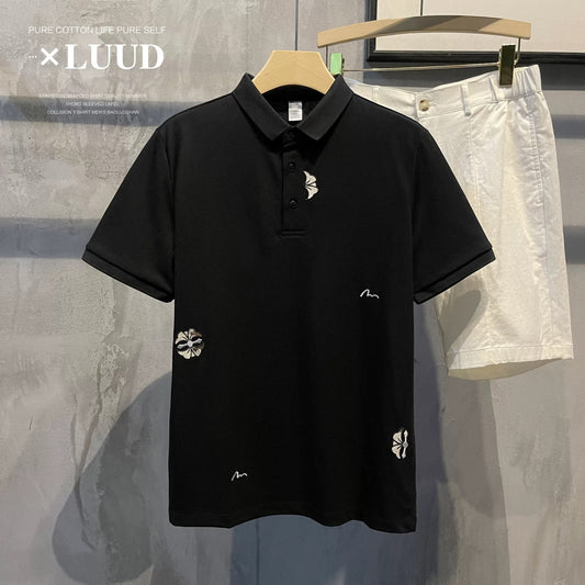 LUUD New Chinese style petal embroidery lapel POLO shirt men's literary style short-sleeved temperament slim fit Polo shirt top