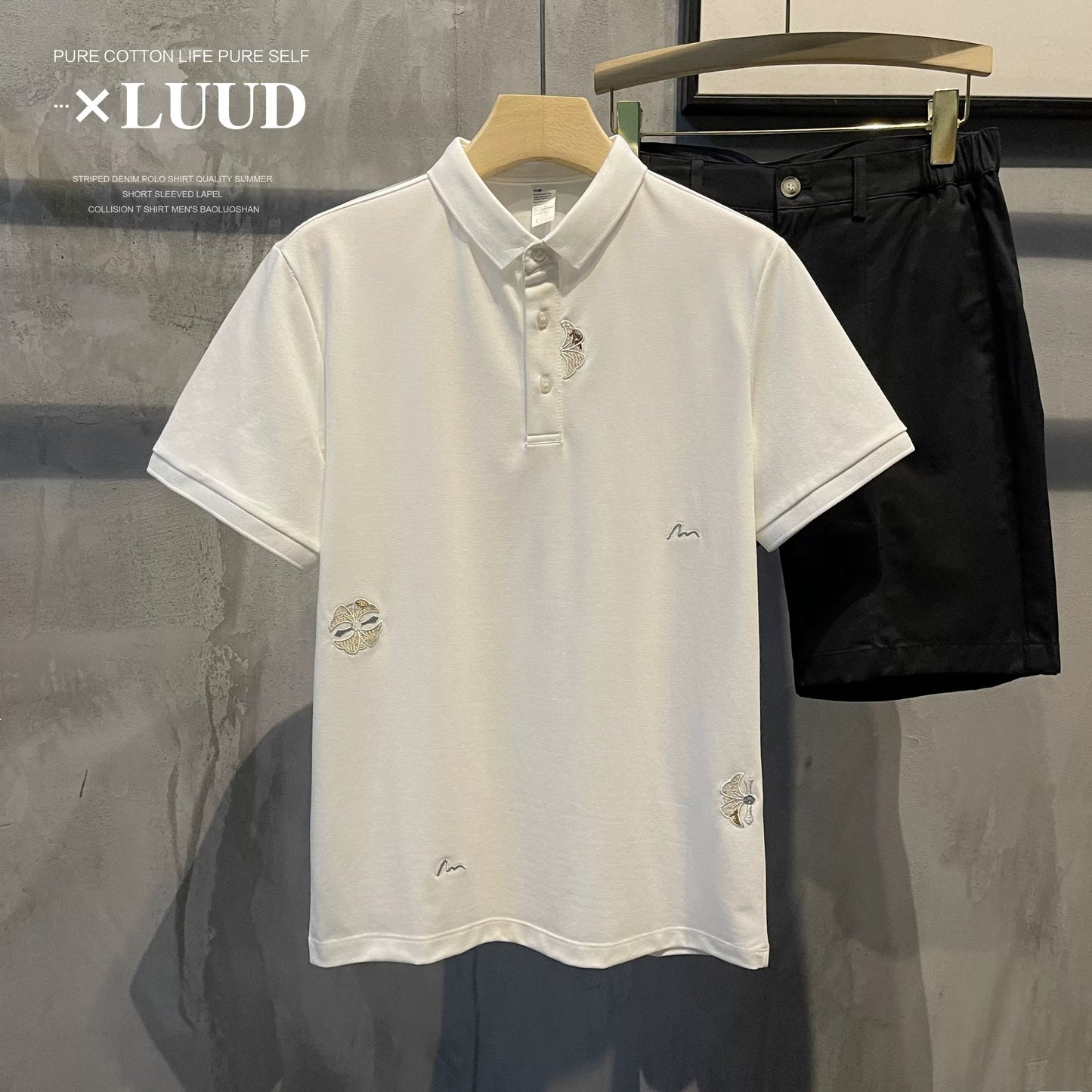 LUUD New Chinese style petal embroidery lapel POLO shirt men's literary style short-sleeved temperament slim fit Polo shirt top