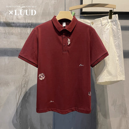 LUUD New Chinese style petal embroidery lapel POLO shirt men's literary style short-sleeved temperament slim fit Polo shirt top